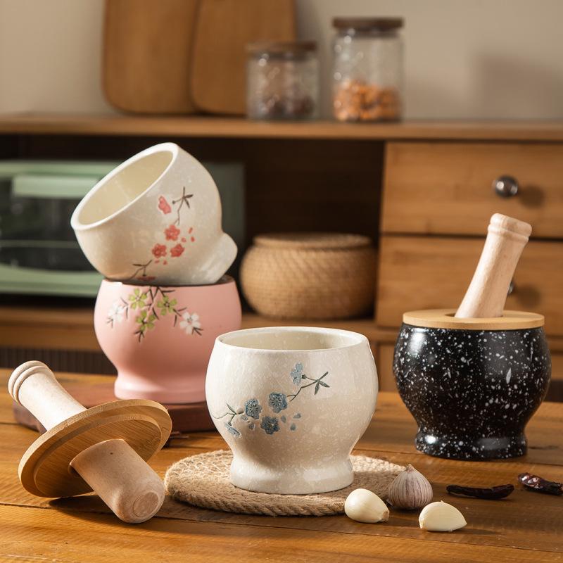 Ezme ve Öğütme İçin Ahşap Tokmaklı Seramik Sarımsak Ezici Havan ve Tokmak Seti