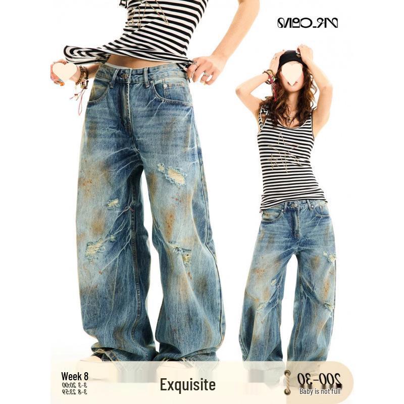 

Трендовые джинсы прямого кроя для подростков - Микроэластичные, со средней посадкой, модные для весны и осени, потертые и выстиранные для создания высококлассного американского стиля. 2XL синий