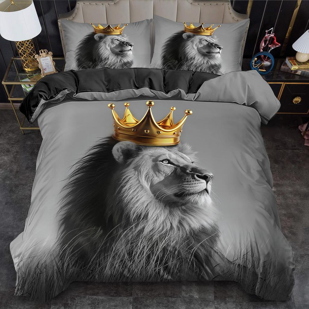 Black Lion in Artistic Style, Bold and Graceful 3D Print Duvet Cover Set, Luxury Animal Bedding for Bedroom Decor