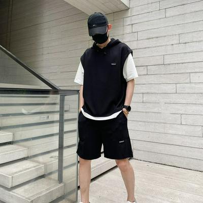 Sweat à capuche short d'été deux-pièces simulé grande taille costume tendance pour homme ample deux-pièces
