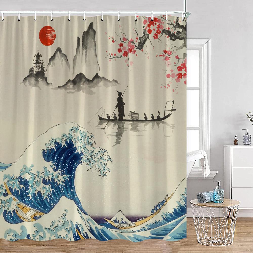 Japanese Style Shower Curtains Fuji Mount Great Waves Bamboo Red Sun Bathroom Curtain Japan Fabric Home Decorations For Bathtub