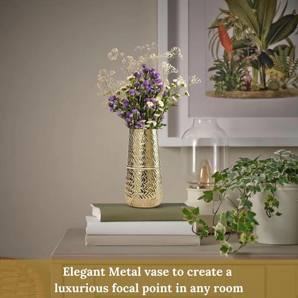 Engraved Metal Arrow Engrave flower vase in Golden – for fresh or artificial flower displays – great wedding gift (1Pc, 9.2")