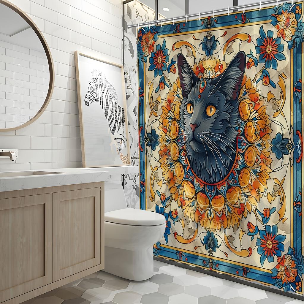 Boho Cat Floral Bath Curtain - Vibrant Artistic Design, Waterproof Home Decor Adds Exotic Charm And Beauty To Your Bathroom