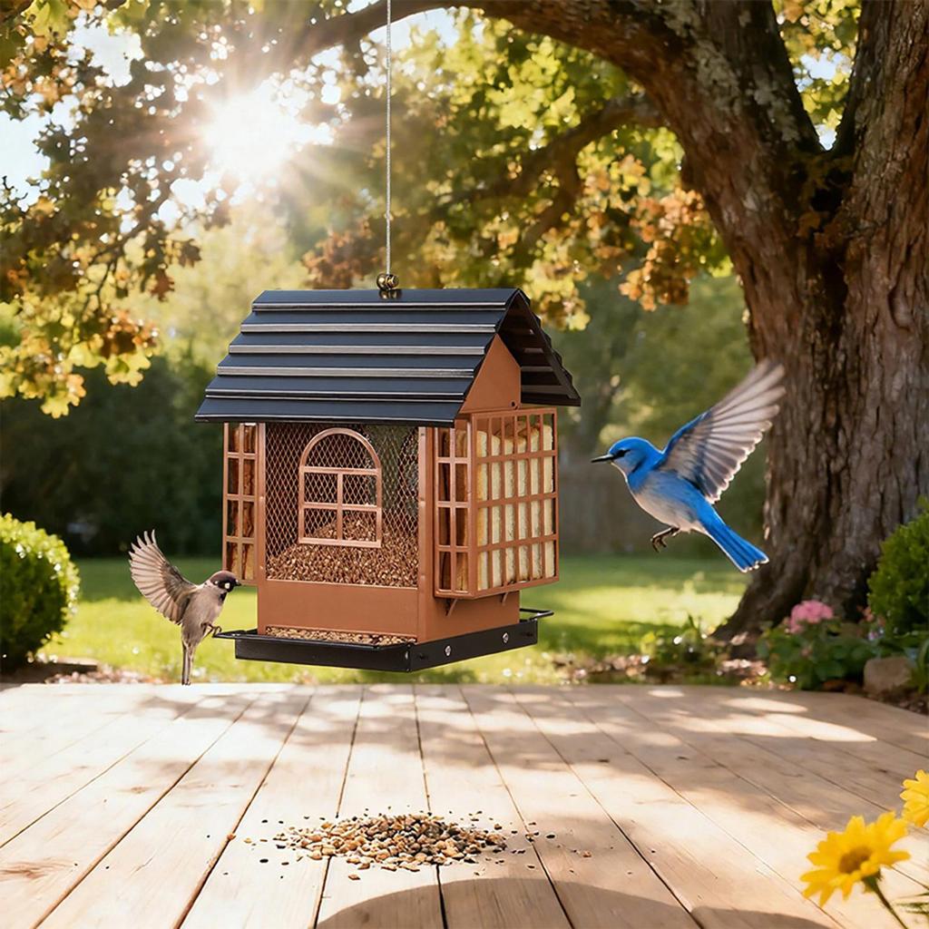 Outdoor Hanging Bird Food Feeder House Shape Metal Feeding Dispenser Double-layer Bird Food Cage For Attracting Wild Birds