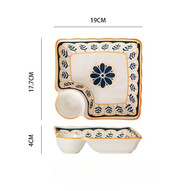 Dumpling Plate with Vinegar Dish Household Ceramic Plate Breakfast Compartment Plate High-Grade Dumpling