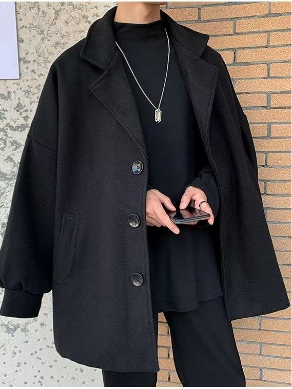 Herren Mittellanger Schwarzer Wollmantel im Koreanischen Stil – Herbst/Winter High-End Freizeitkleidung