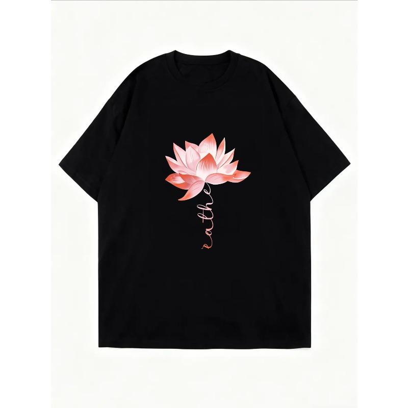Women Casual T Shirt White Lotus Flower And Text Print Summer Outfit For Yoga And Daily Wear