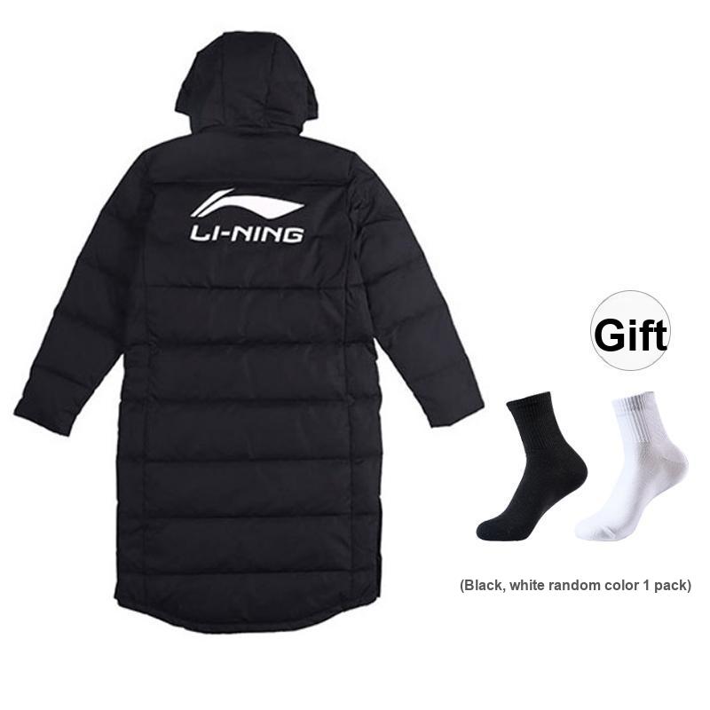 Li Ning Campus Series Solid Color Letter Logo Printed Long Hooded Down Jacket Unisex Outerwear Black YYMU149-1