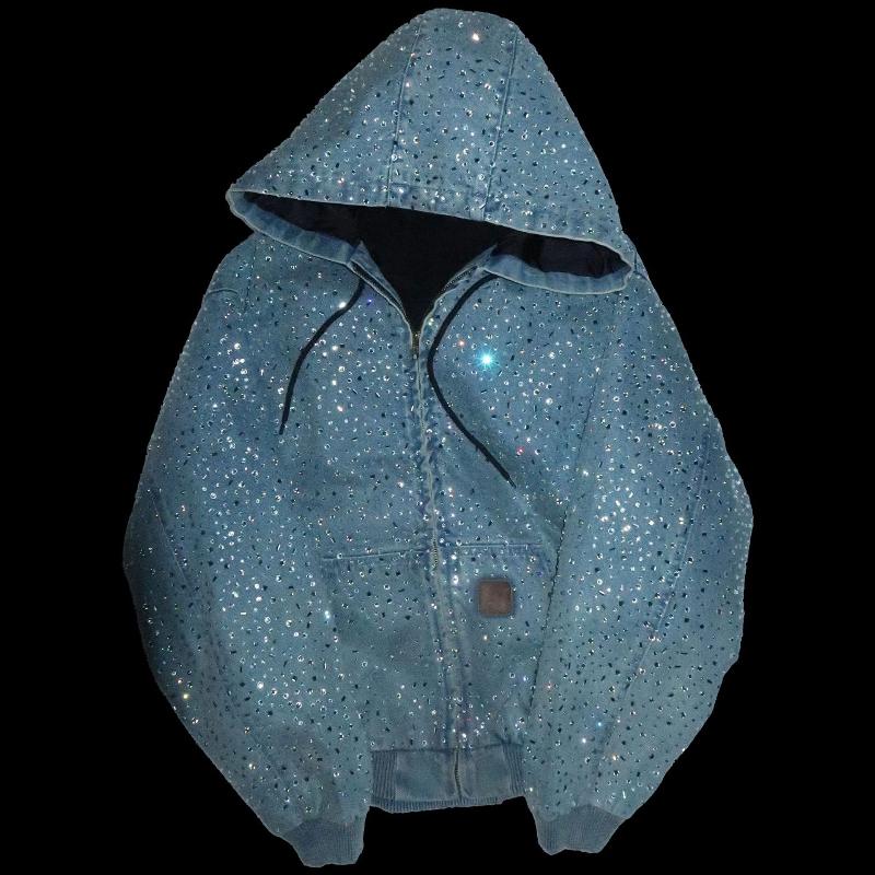 STREETRICH Plastik Strass Reißverschluss Hoodie Oversized Lässig Streetwear Kapuzenpullover Jacke für den täglichen Gebrauch