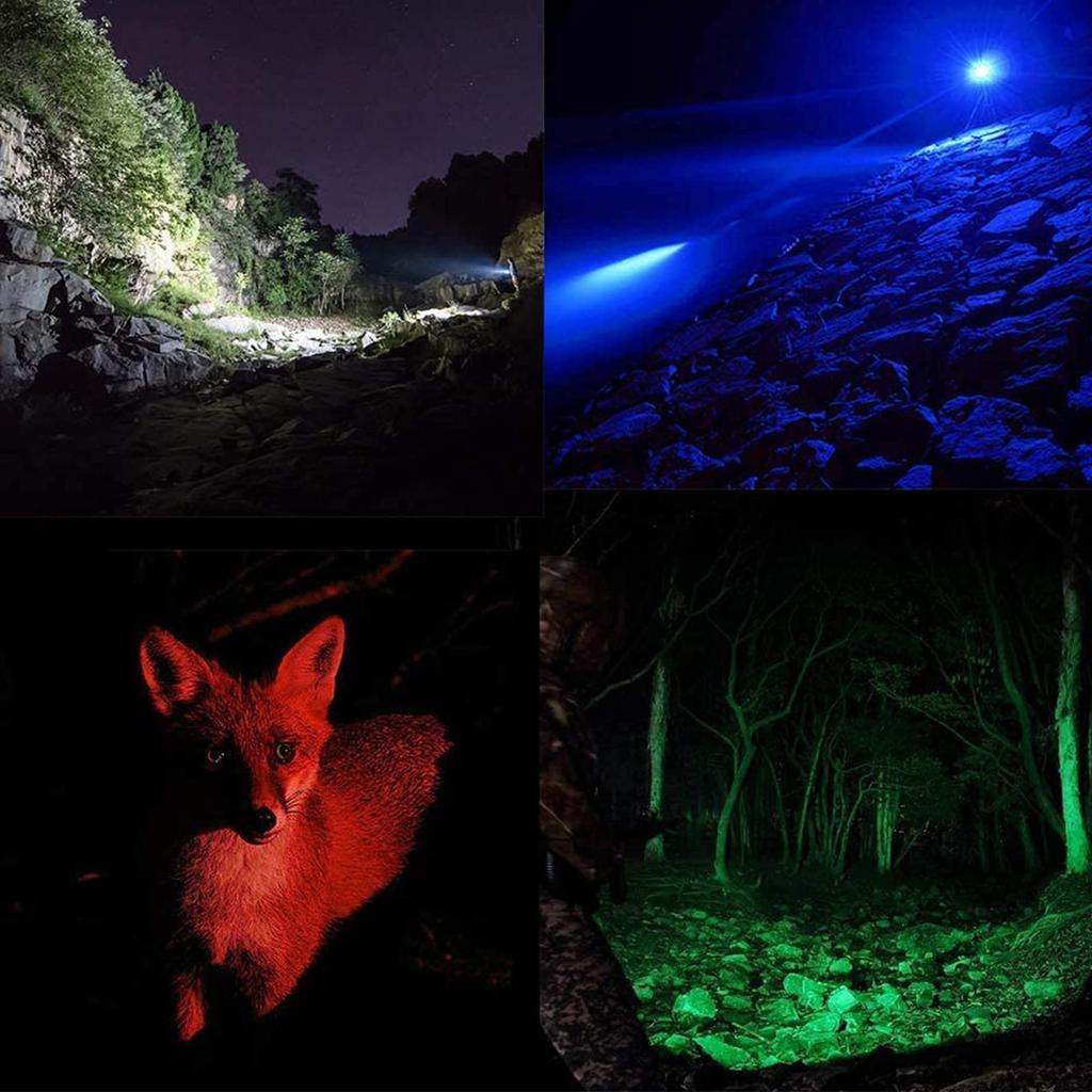 LED Flashlight with 4 Colors and Powerful 1200 Tactical Flashlight for Outdoor Animal Night and Night Waterproof Not Ultra-Bright (Red, Green, White,