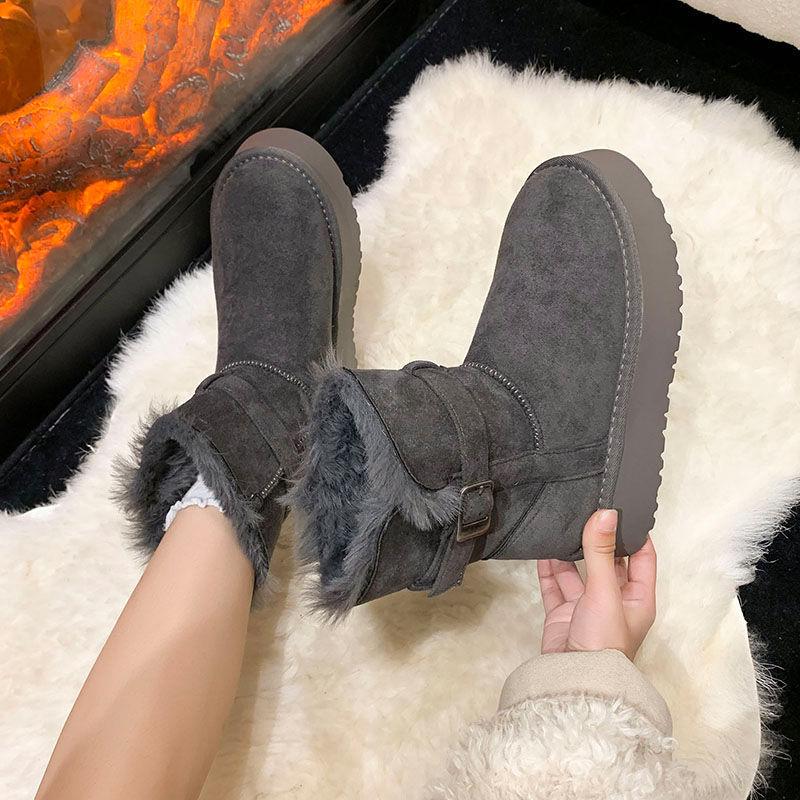 Gray Snow Boots Women's Winter Velvet Thickened Fur Integrated Thick Sole Heightening Long and Short Boots Snow Cotton Shoes