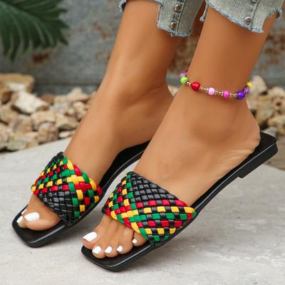 2025Women Slippers Designer Square Toe Flat Slippers Summer Open Toed Beach Slipper Hand Woven Slippers for Women Slides