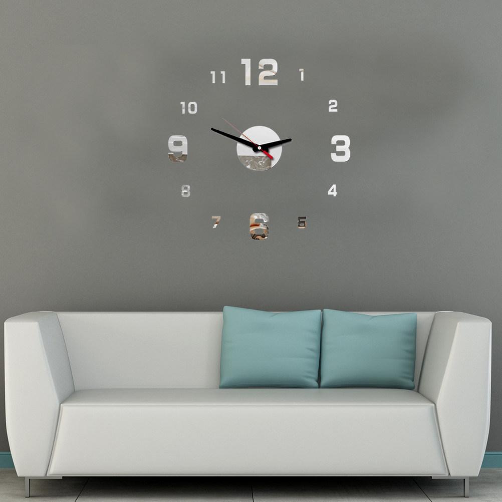 Large Silver Acrylic Wall Clock Frameless Silent Sweep For Home Office Decor 3D Adhesive Modern Art Clock Living Room