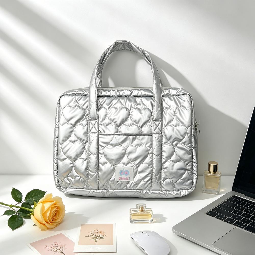 INS Shiny PU Laptop Bag Puffy Heart Quilted Tablet Protective Case Handheld Laptop Storage Bag Women Girls серебряный