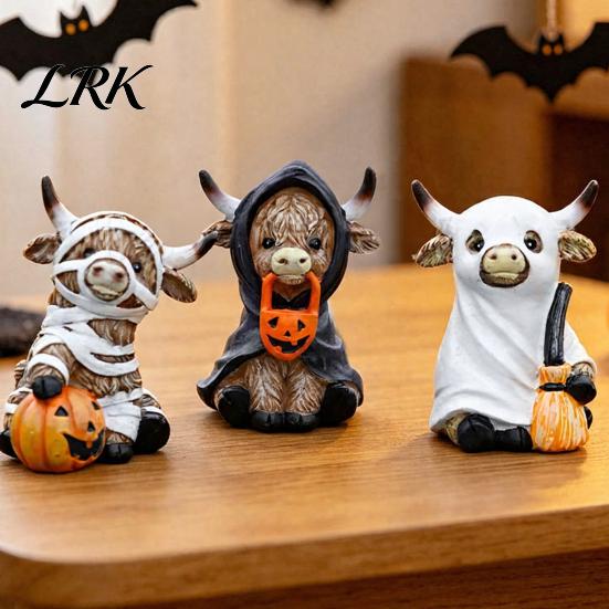Whimsical Halloween Table Decor Highland Cow Statue Decor, Funny Resin Ghost Figurine for Home Mantel Decorations Office Tiered Tray Desk Shelf