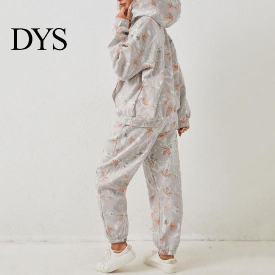 Zestaw Bluza z Kapturem i Spodnie Dresowe Camo 2 Szt./Zestaw Damski Garnitur Nadruk Długie Rękawy Gruba Bluza Codzienny Dres Elastyczna Talia Spodnie ze Ściągaczem przy Kostce Sport
