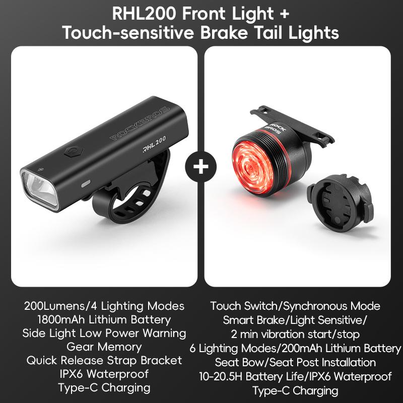 Rockbros Bike Light Set Mtb Road Cycling Light Waterproof 200Lm/400Lm Bicycle Headlight + Smart Rear Light Auto Brake Sensing