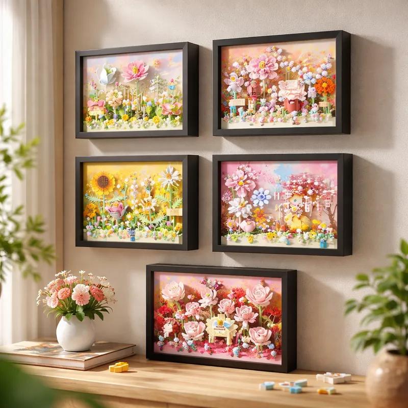 Creative MOC Assembled Building Block Toy Cherry Blossom, Rose, Sunflower, Santa Claus Flower Photo Frame Series Birthday Gift