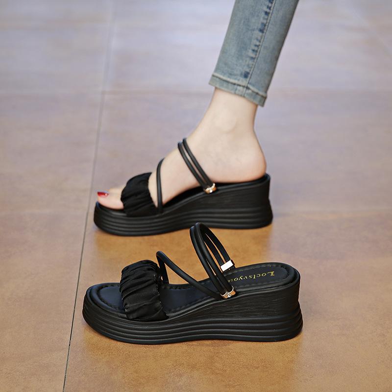 

2025 summer new large size thick-soled wedge slippers women s fashion one-word high heels two sandals 41 чёрный