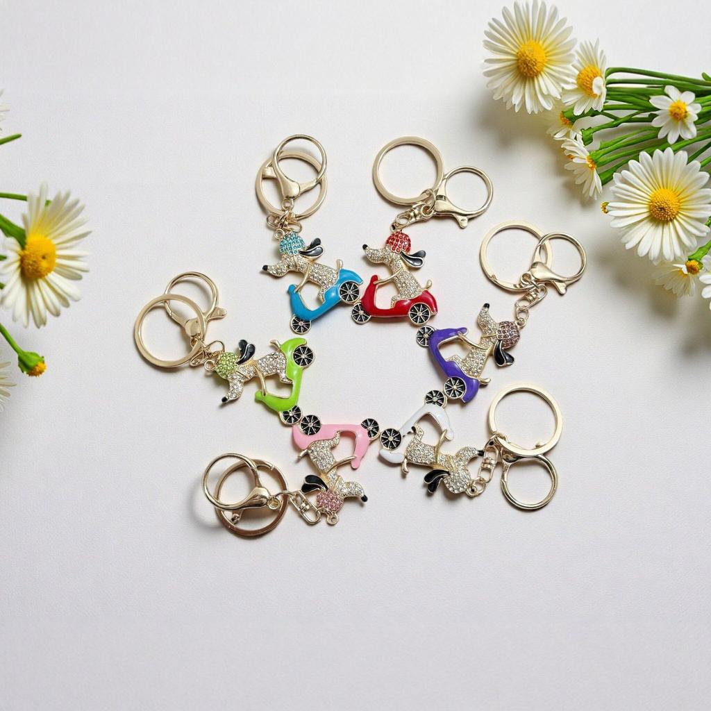 Trendy Rhinestone Dog-on-Bike Keychain Pendant