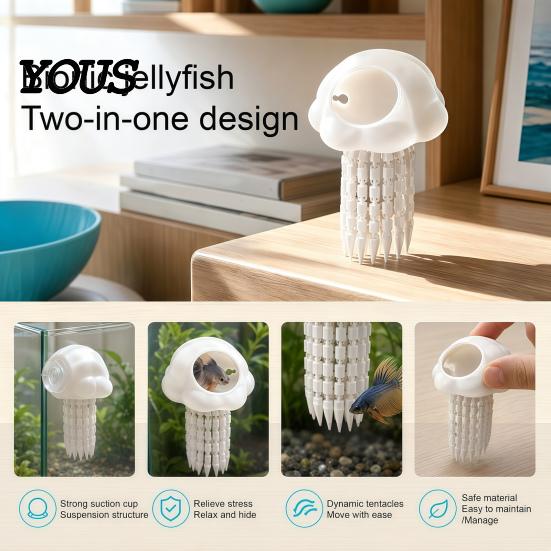Floating Jellyfish Ornament Aquarium Hide, 3D Printed Fish Tank Reduce Aggression in Hideout, Decorative Shelter Cave for Pleco Shrimp Betta