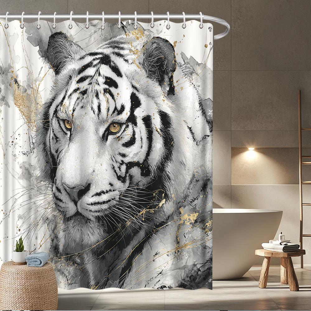 

White Tiger Shower Curtain – Realistic Watercolor Portrait With Black Stripes & Gold Accents, Cream Background, Waterproof W60H190(CM)-1 Pcs