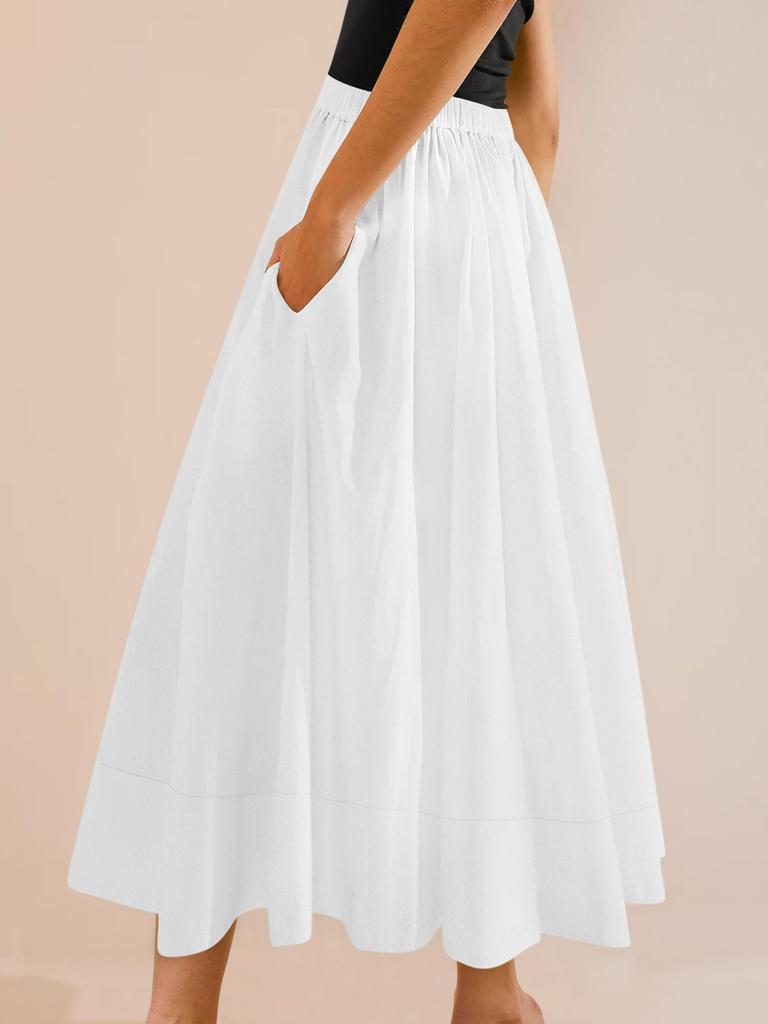 Women's Elastic High Waist A Line Midi Skirt Pleated Flowy Swing Skirt with Pockets
