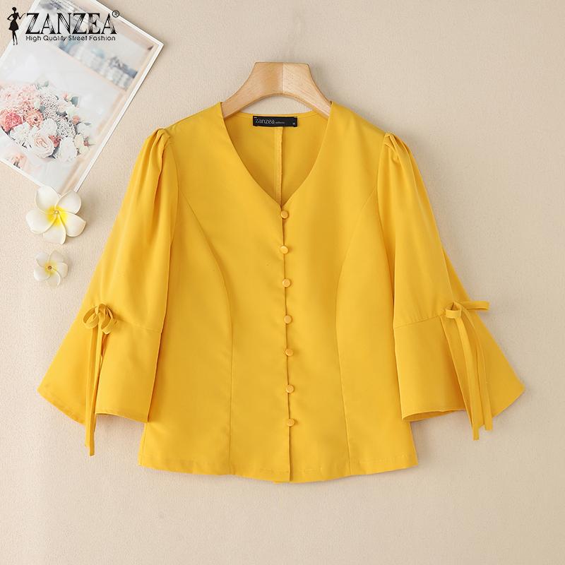 ZANZEA Blusa Holgada Casual de Verano con Cuello en V y Manga Acampanada 3/4 para Mujer
