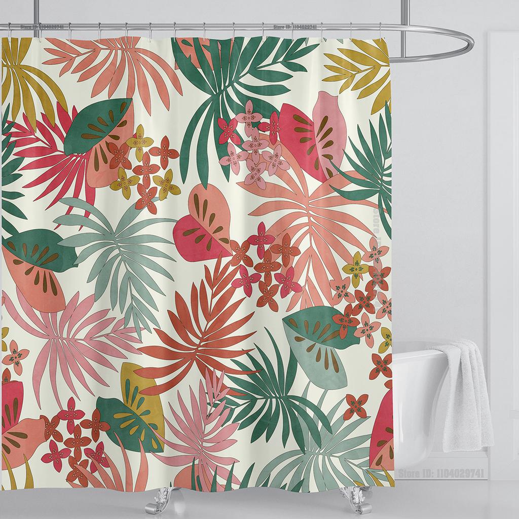Bohemian Shower Curtain Tropical Jungle Wildlife Bathroom Set Modern Pink Aesthetic Parrot Floral Bathroom Curtain With Hooks