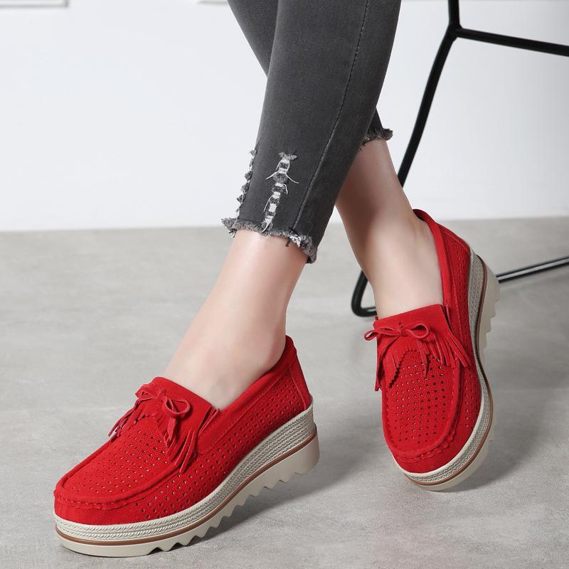 Joom Women s Round Toe Wedge Platform Shoes - Tassel Thick Sole, Plus Size, Spring/Autumn 2025 Collection Red (Hollow)