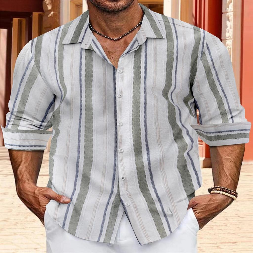 Men's Summer Fashion Casual Men's Striped Shirt Casual Loose Long Sleeved Shirt