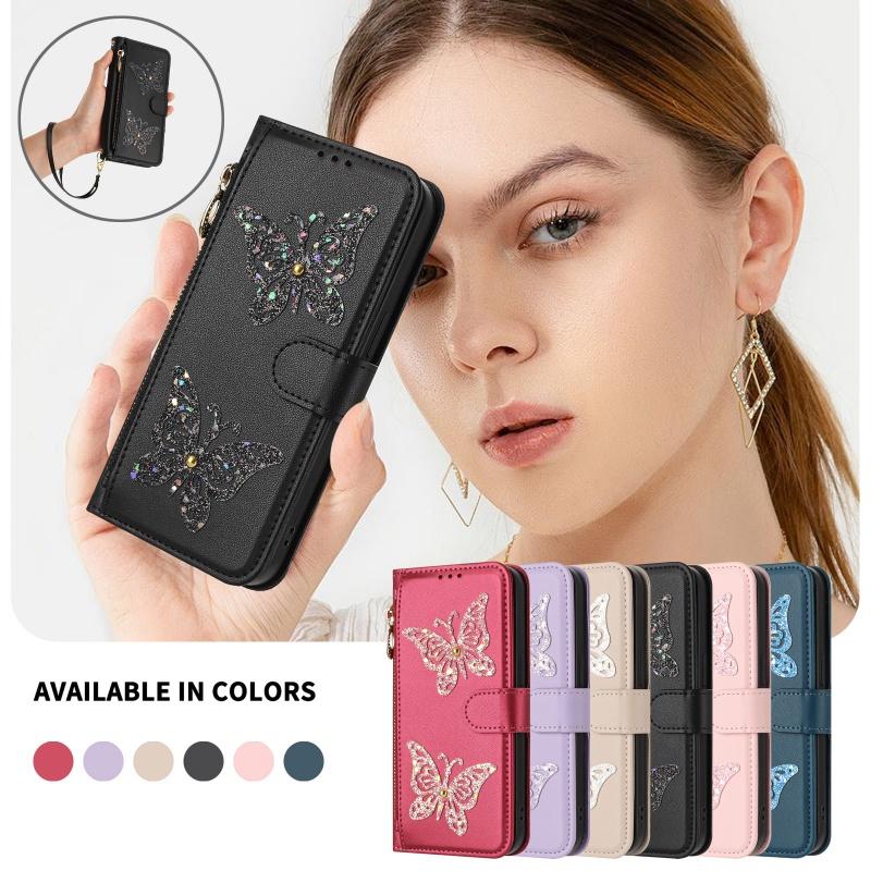For Google Pixel 11 Pro XL 10A 10 9 9A 8 Sparkling Butterfly Zip Wallet Card Phone Case Lanyard Leather Flip Purse Holder Cover