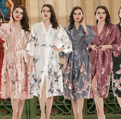 Silk-Like Crane Pajamas & Bridal Robe Set - Women's Red Spring/Summer Sleepwear