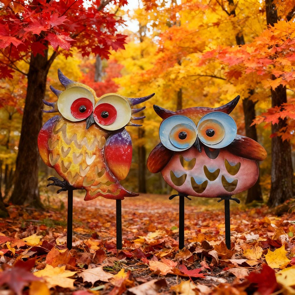 Metal Garden Stake Set with Owl Design Outdoor Decorative Yard Art Creative Iron Craft Lawn Ornament for Patio and Garden