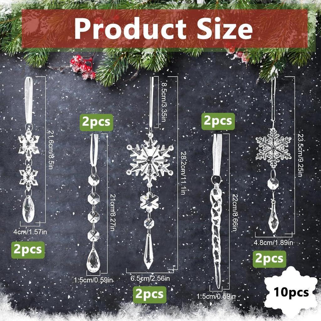 10pcs Crystal Acrylic Christmas Ornaments - Transparent Snowflake Icicle Hanging Ornaments for Christmas Tree