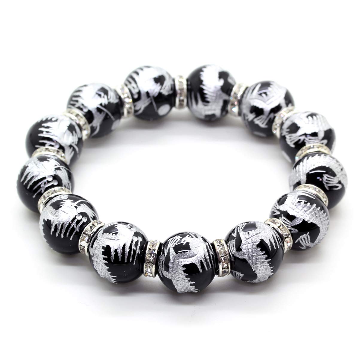 

Silver Carved Five Claw Emperor Dragon Onyx 16mm Silver Rondelle Prayer Bead Bracelet Power Stone [Sekihui] [b335]