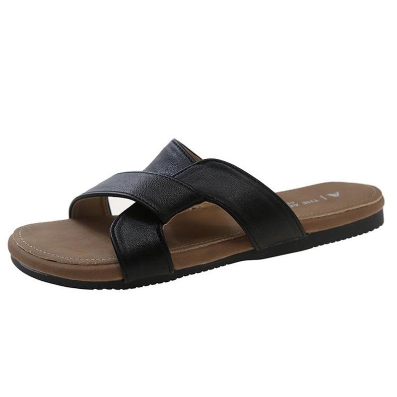 Women Summer French Retro Cross Strap Non-slip Flat Beach Sandals 35 чёрный