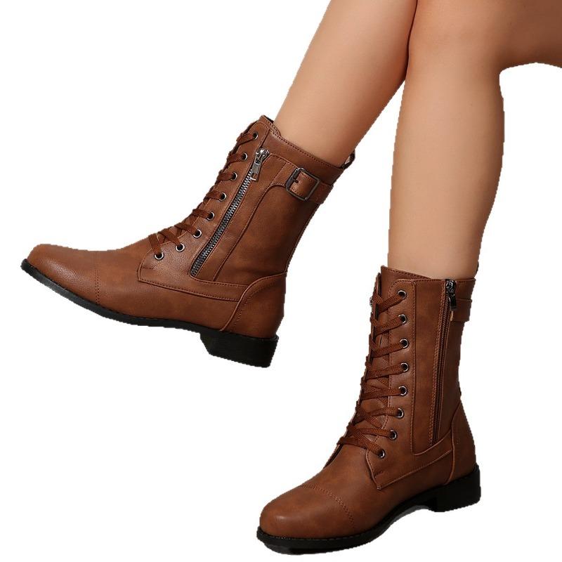 Stivali da donna con punta tonda e ampia larghezza, stivaletti in pelle con lacci e cerniera laterale, stivali Martin con tacco spesso in tinta unita per donna