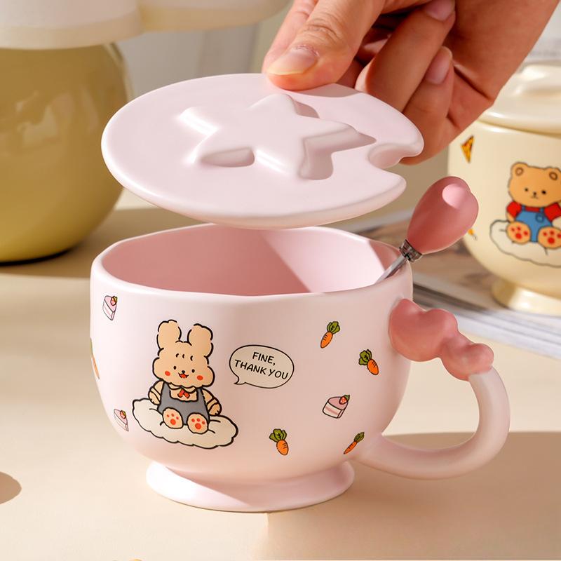 Cartoon Bear Ceramic Cup High Looking Oatmeal Breakfast Cup Couple Cup Small High Legged Mug with Cover Spoon