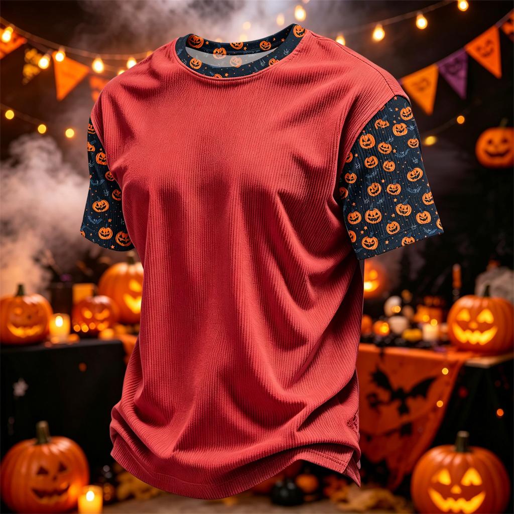 Herren Freizeit Corduroy Kurzarm T-Shirt Leicht Atmungsaktiv Rundhals Oberteil mit Halloween Print Ärmeln und Kragen Design
