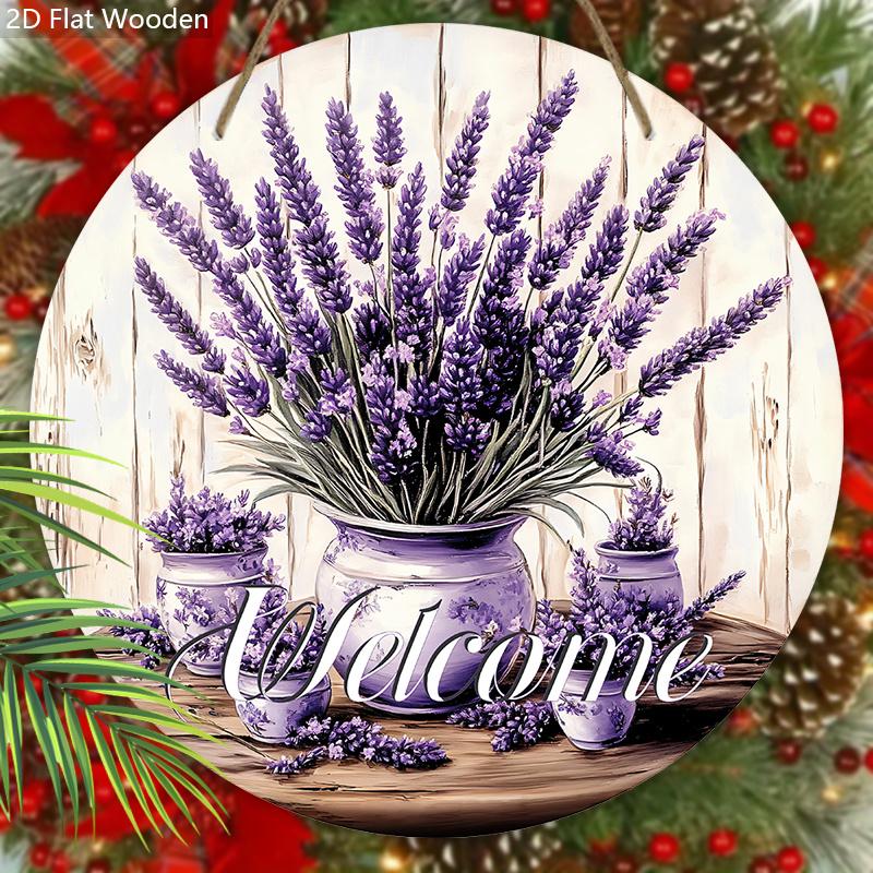 2D Flat, 1pc Purple Lavender Welcome Sign, Spring Home Wall Art Decoration Plaque, Yard Garden Balcony Door Hanging Decor, Perfect Gift for