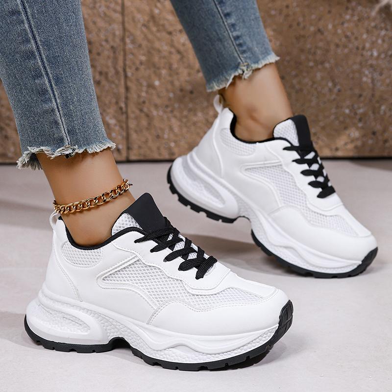 Women Breathable Mesh Platform Sneakers Thick Sole Lace Up Non Slip Casual Walking Shoes