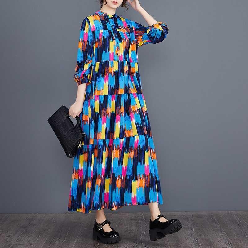 Spring and Summer New Loose Large Size Fashion Print Splicing Long Sleeve Cake Dress Dress