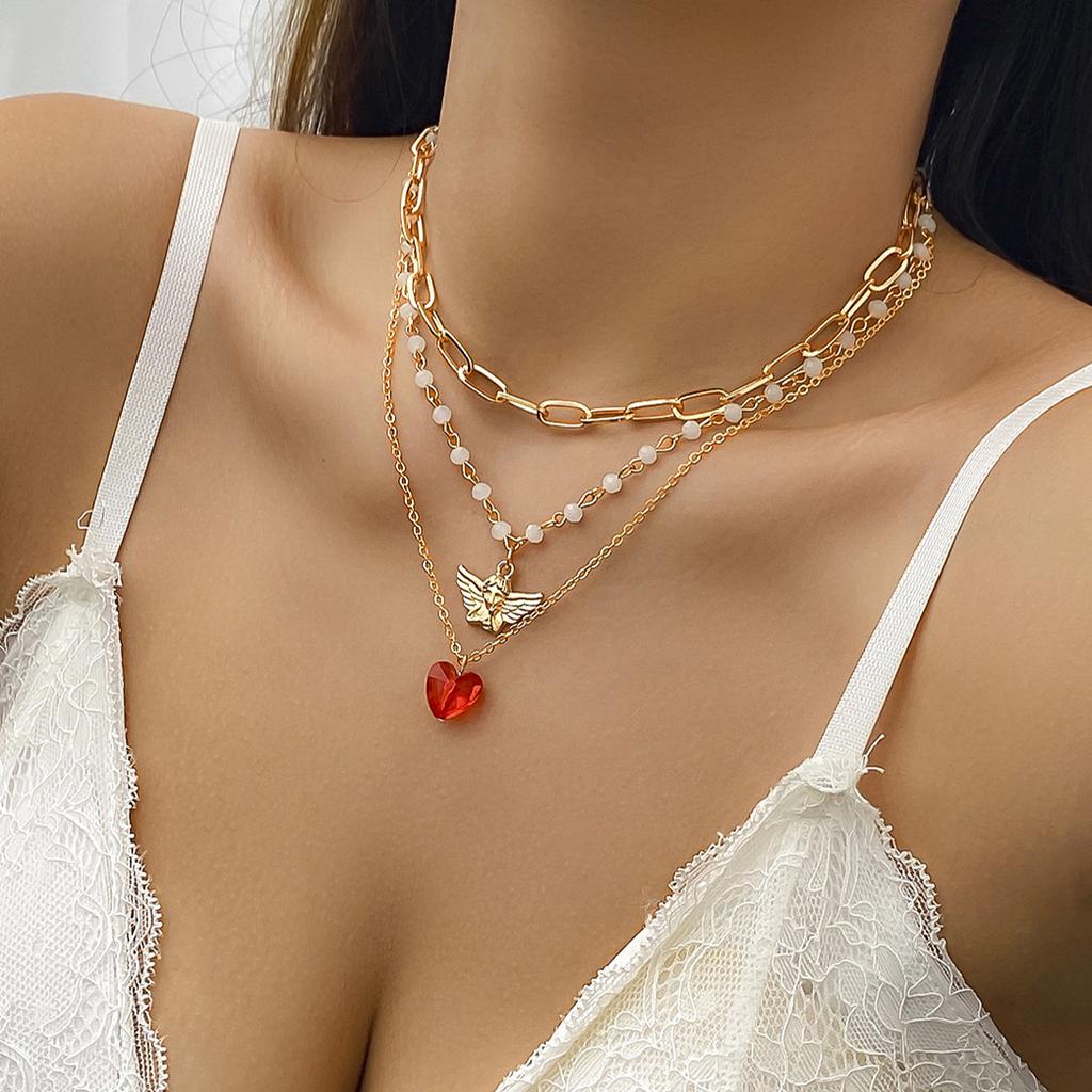 Accessories, Sweet Angel Cross Chain Necklace, Contrast Color Imitation Crystal Heart Multi-layer Necklace for Women