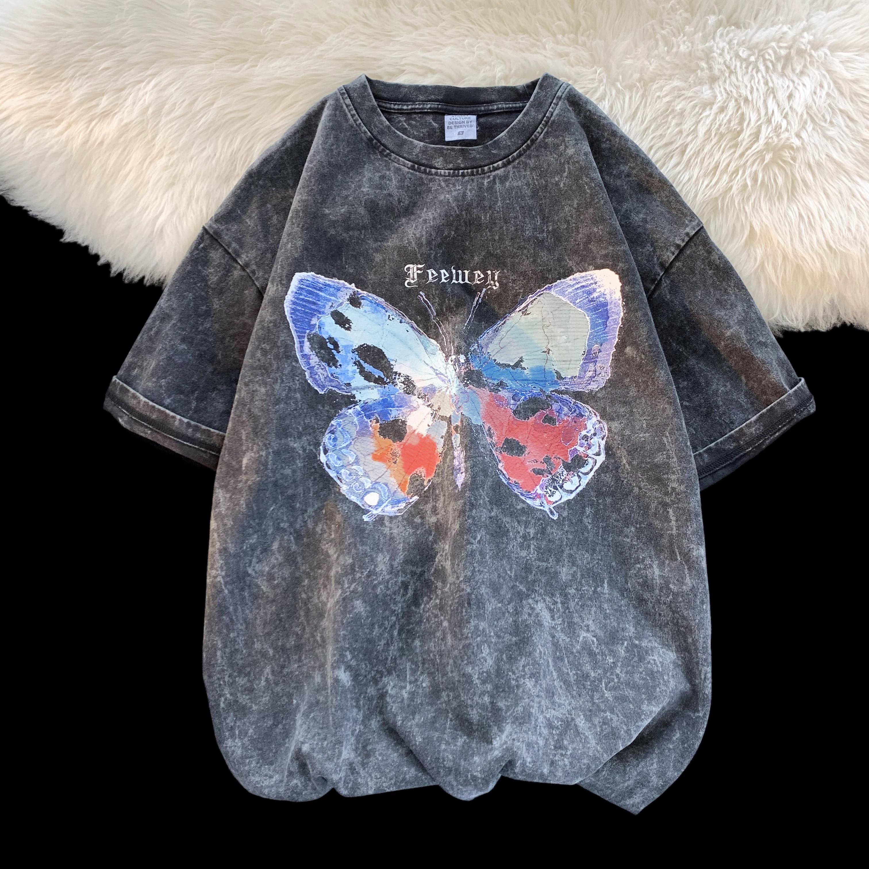 

Стильные футболки с принтом бабочки, потертые, стритвир, мужские, с круглым вырезом, оверсайз, с коротким рукавом, повседневные топы S