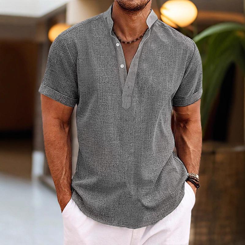 Men's Casual Stand Collar Short Sleeve Shirt, Breathable and Sweat-Wicking, Solid Color, Customizable Logo.