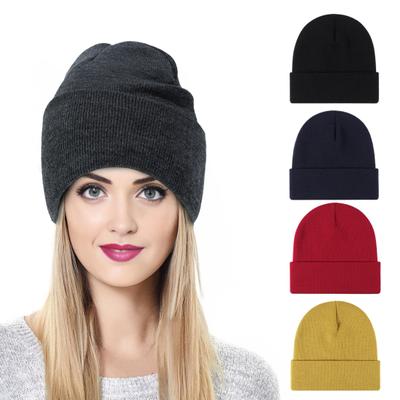 Winter Unisex Knitted Hat Stretchy Folded Brim Thickened Solid Color Ear Protection Warm Daily Wear Cap Outdoor Skiing Skating Headwear