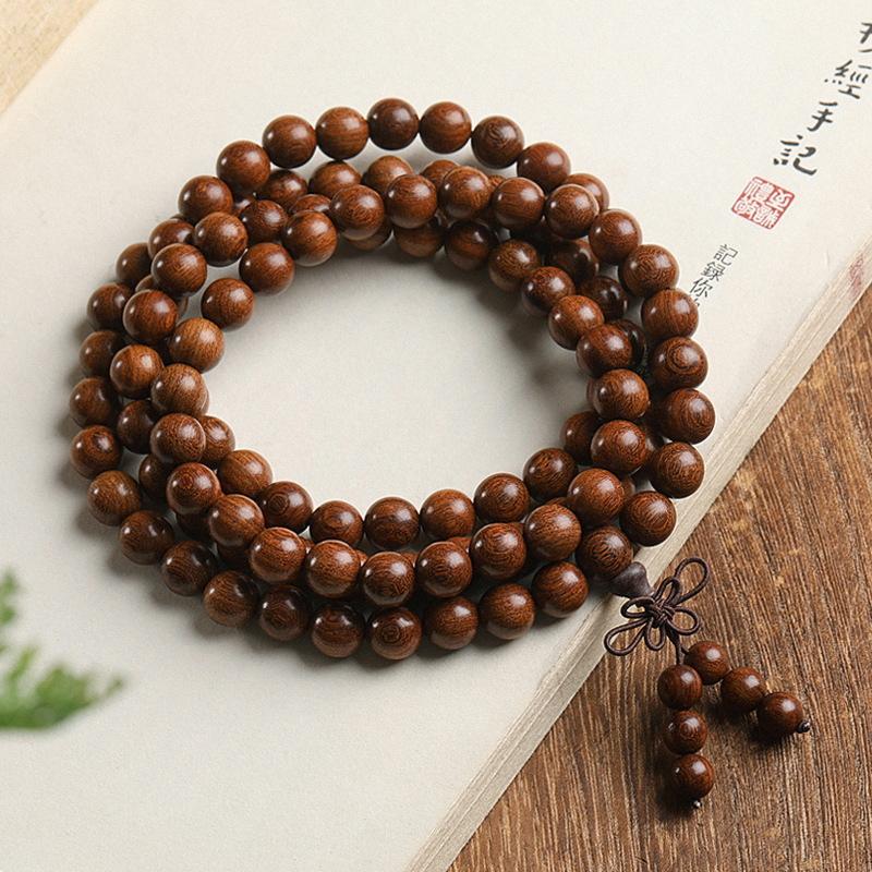 Handmade 108-Bead Golden Silk Sandalwood Bracelet, 6/8/10mm, Retro New Chinese Ethnic Unisex Jewelry, Travel Souvenir