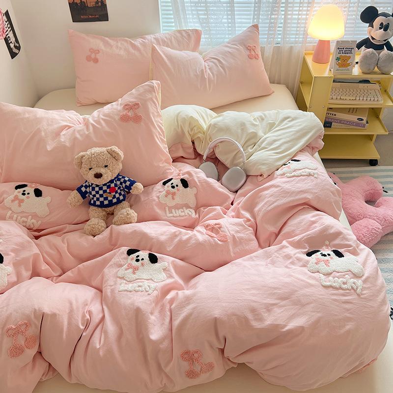 Håndkle Brodert Laken Dynetrekk Seng 4 stk Sett Vasket Bomull Student Tredelt Sett Sengetøy