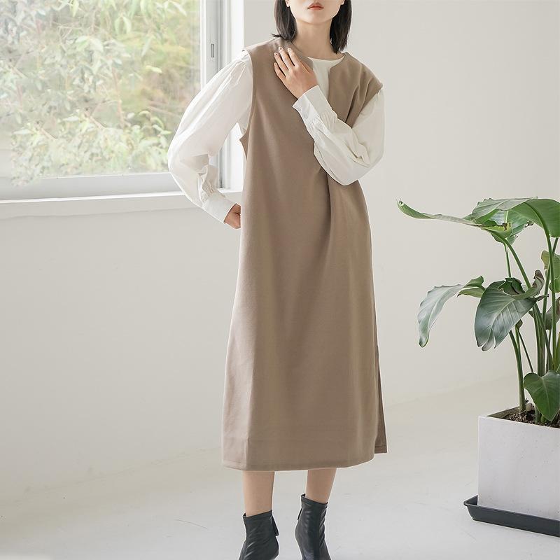 Autumn and Winter Woolen Coat for Women V-neck Solid Color Sleeveless Vest Dress Exterior Style